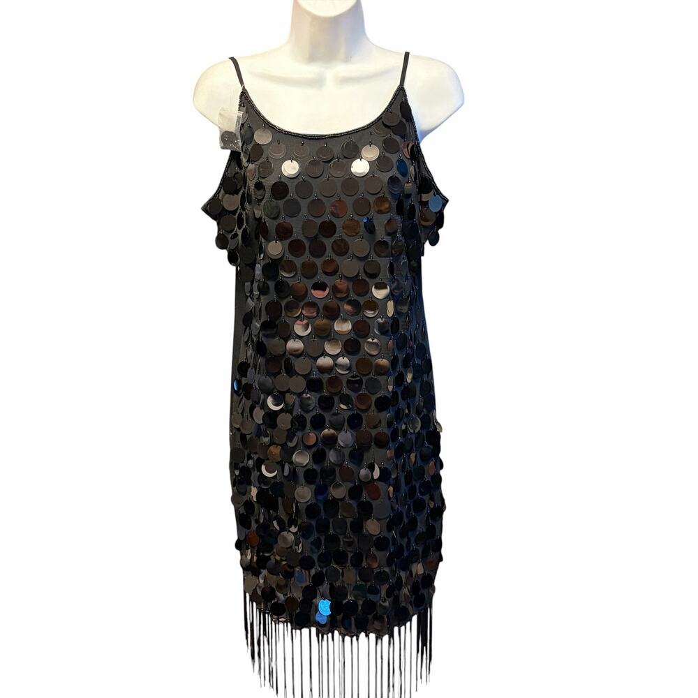 Jerry Beck Starlet Sequin Flapper Dress Black Fringe Slip Size L 🌼 - Picture 2 of 7